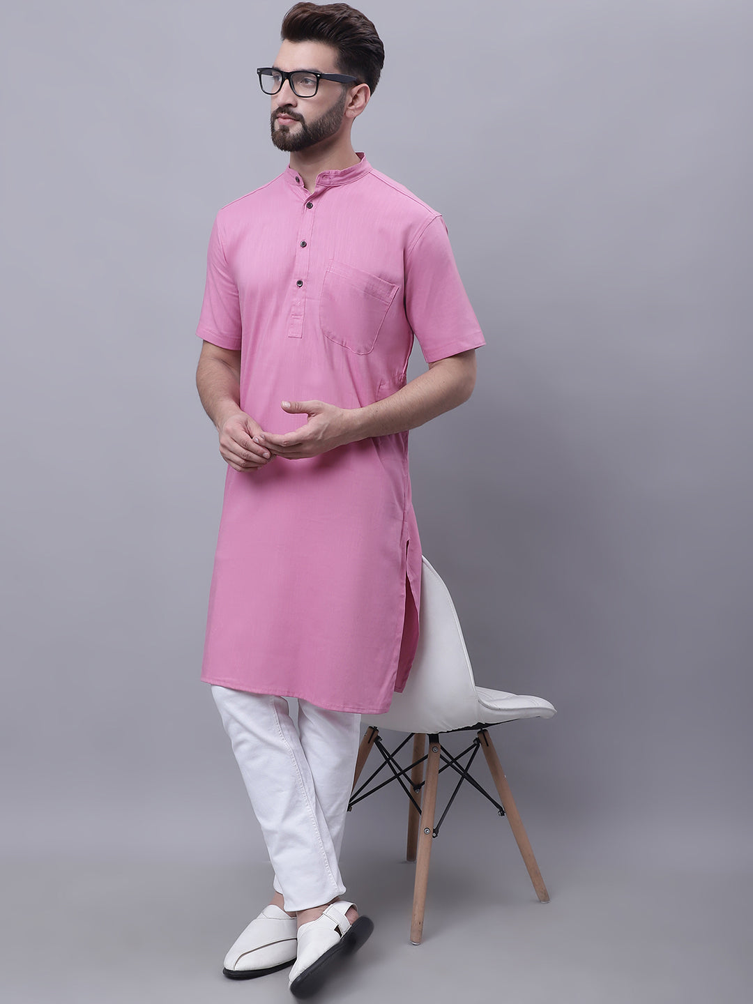 Even Apparels Pink Pure Cotton Short Sleeves Kurta With Band Collar | Swadesiicart
