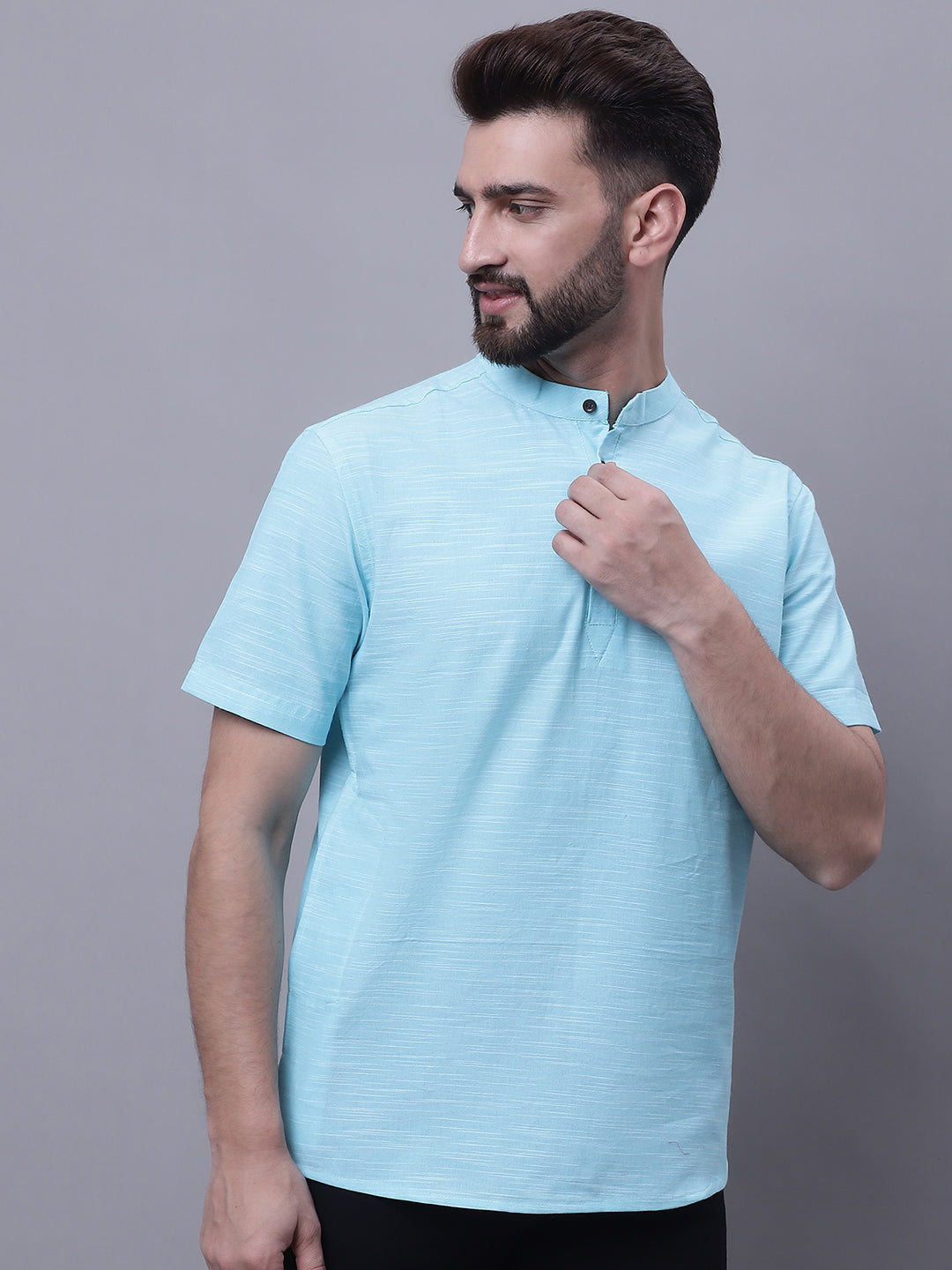 Even Apparels Blue Pure Cotton Short Kurta With Band Collar | Swadesiicart