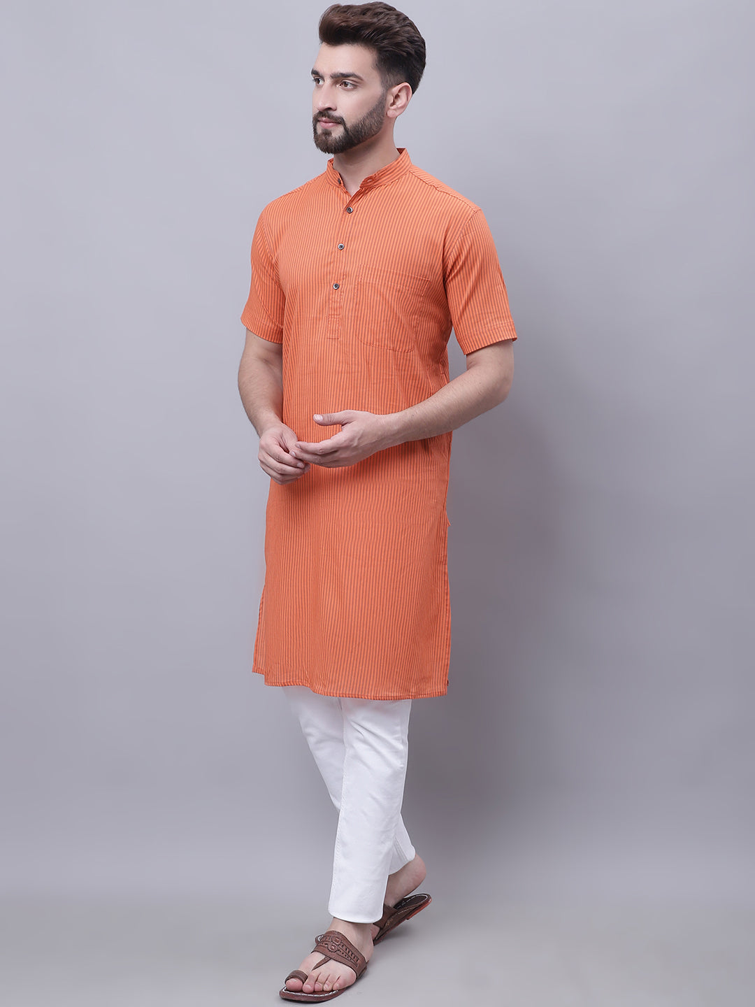 Even Apparels Rust Pure Cotton Short Sleeves Kurta With Band Collar | Swadesiicart
