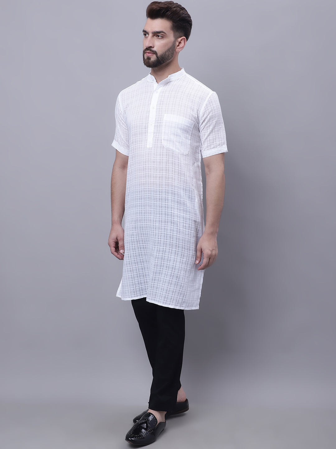 Even Apparels White Pure Cotton Short Sleeves Kurta With Band Collar | Swadesiicart