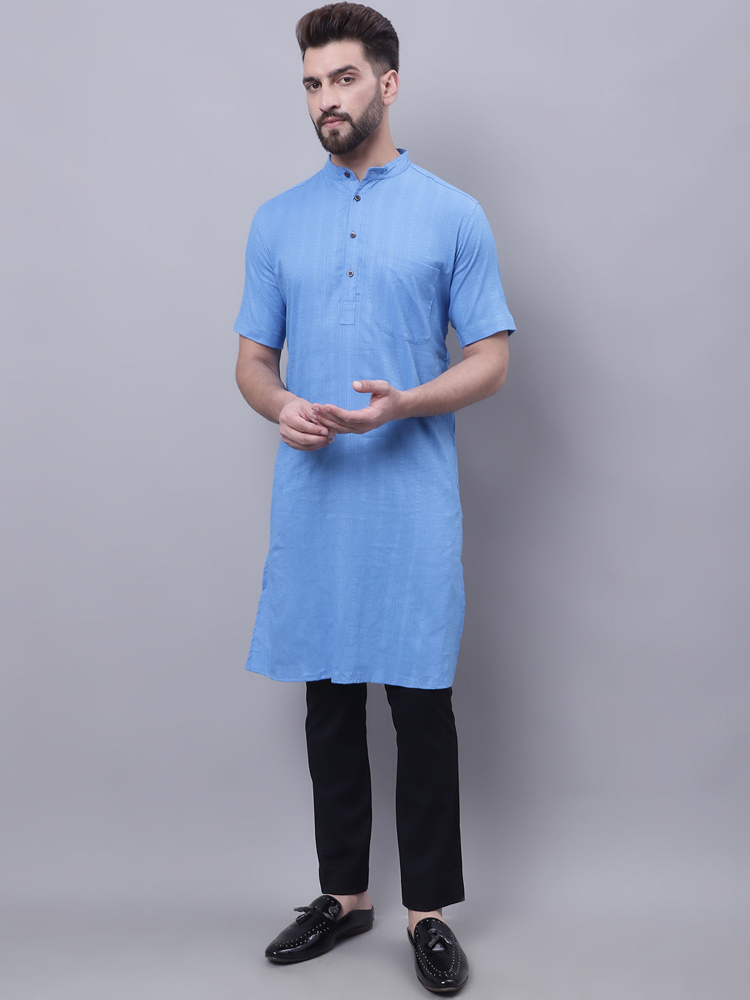 Even Apparels Blue Pure Cotton Short Sleeves Kurta With Band Collar | Swadesiicart