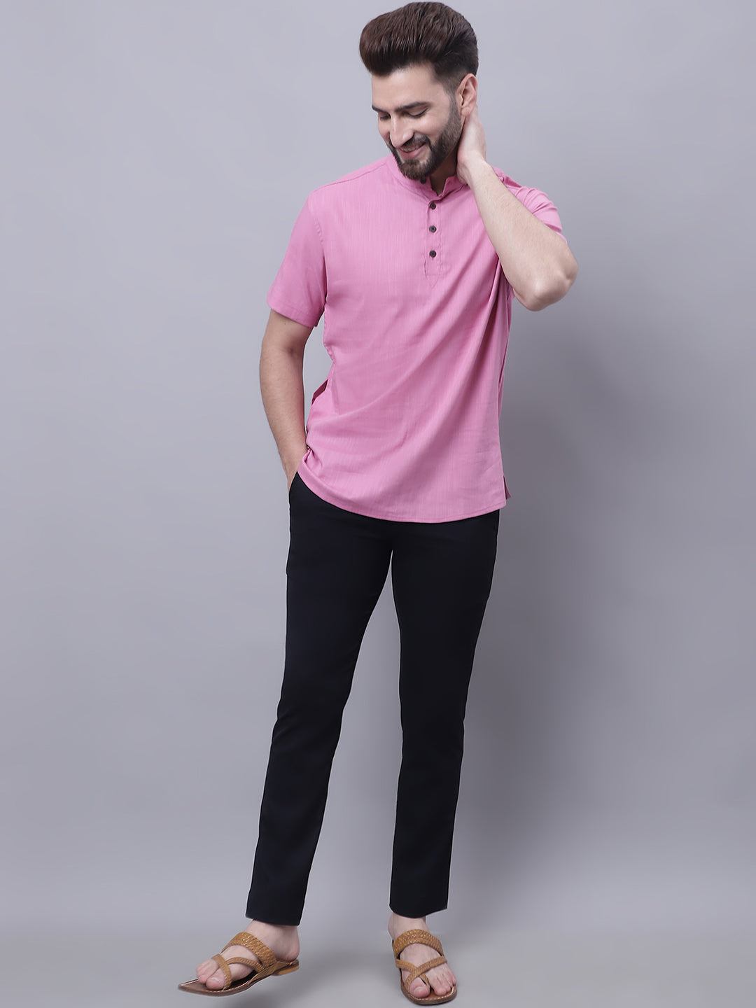 Even Apparels Pink Pure Cotton Short Kurta With Band Collar | Swadesiicart
