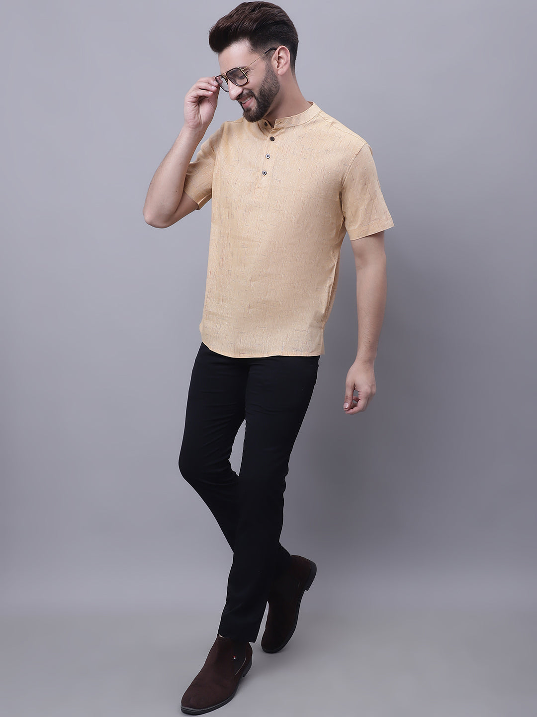 Even Apparels Beige Pure Cotton Short Kurta With Band Collar | Swadesiicart