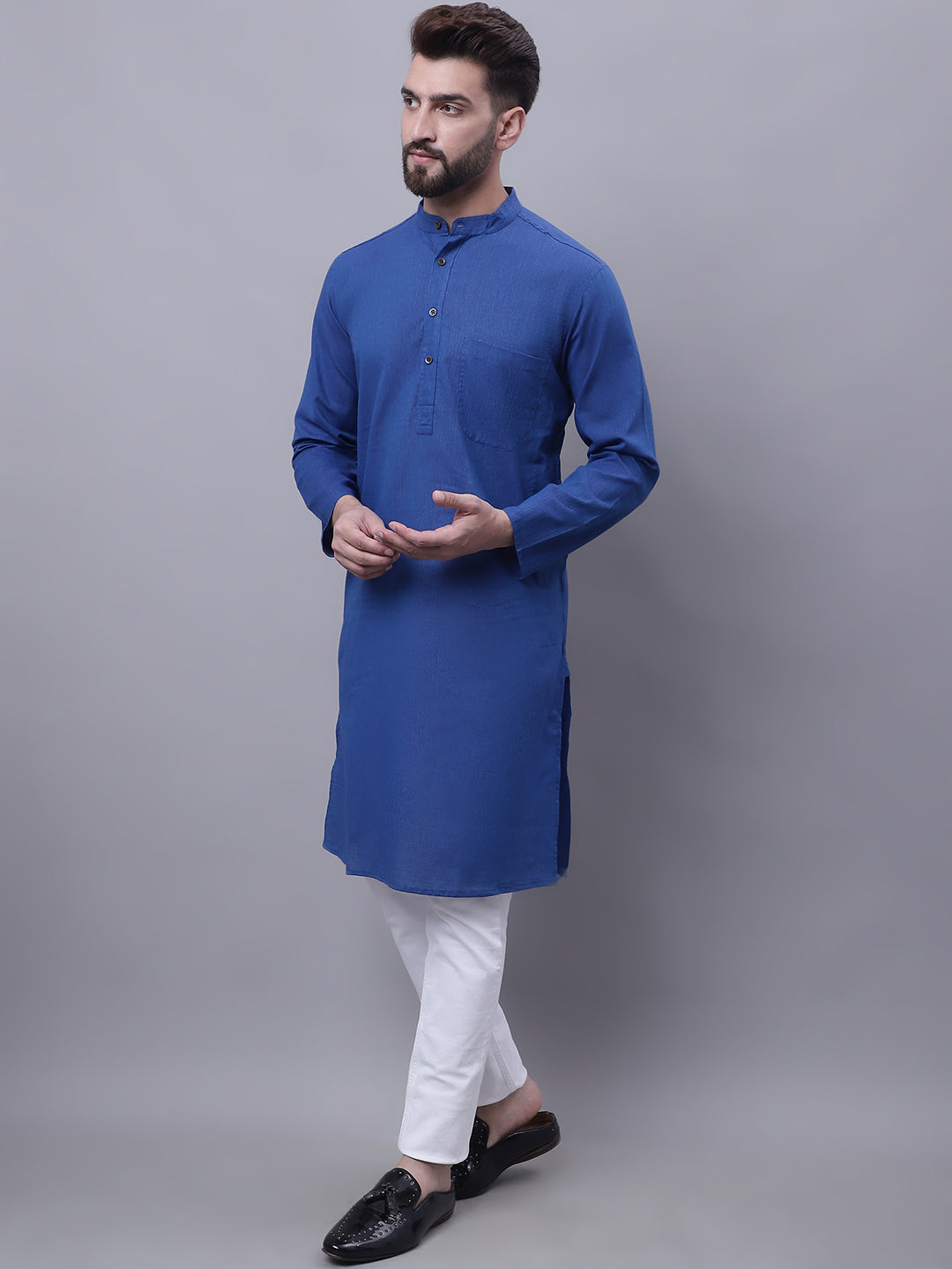 Even Apparels Blue Pure Cotton Kurta With Band Collar | Swadesiicart