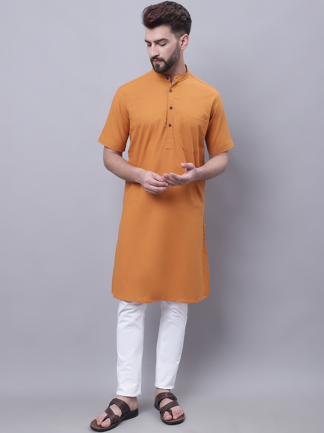 Even Apparels Yellow Pure Cotton Short Sleeves Kurta With Band Collar | Swadesiicart