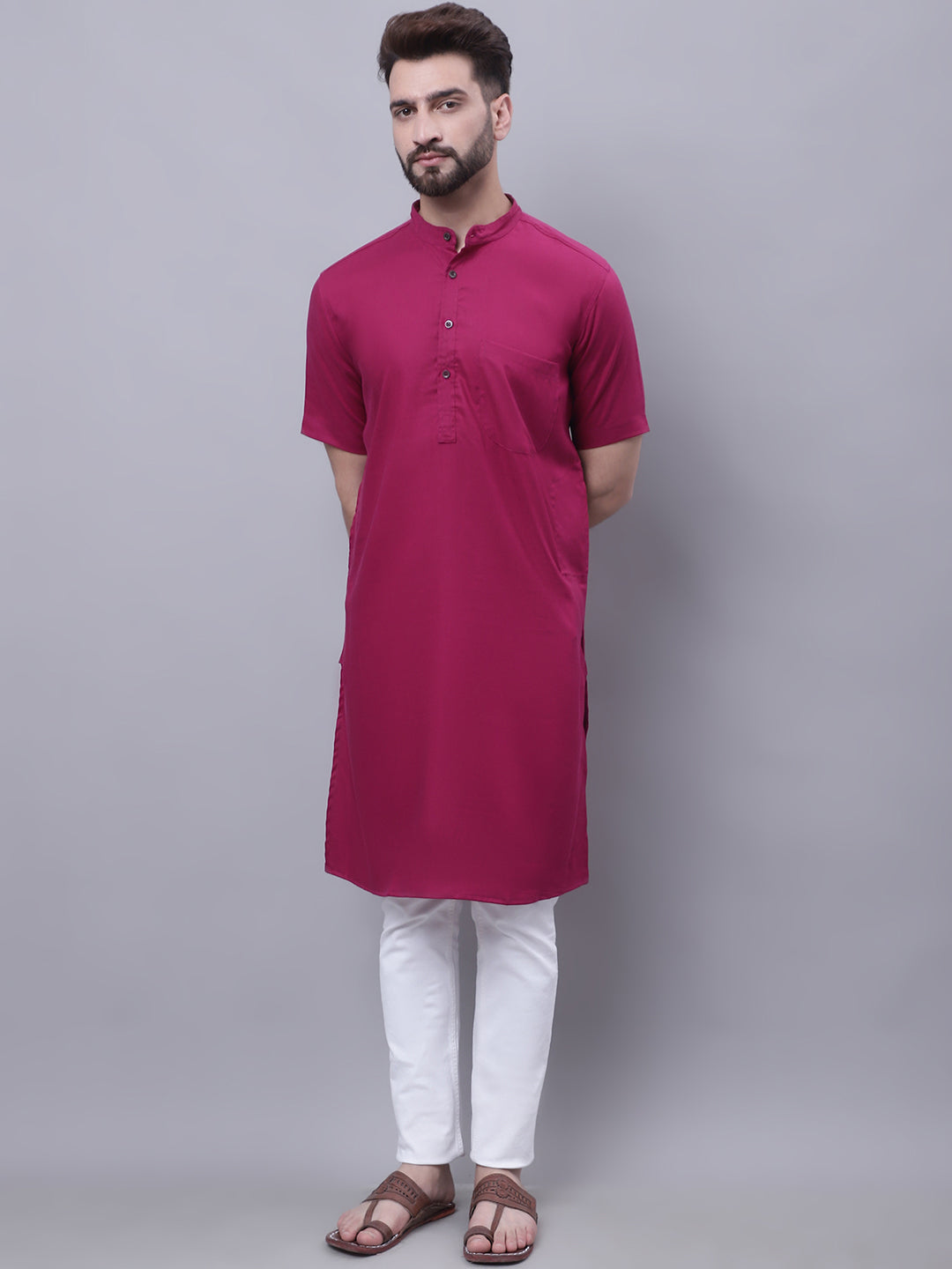 Even Apparels Maroon Pure Cotton Short Sleeves Kurta With Band Collar | Swadesiicart