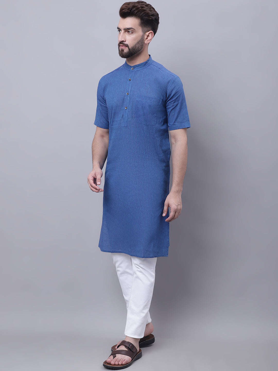 Even Apparels Blue Pure Cotton Short Sleeves Kurta With Band Collar | Swadesiicart