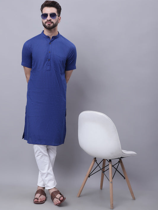 Even Apparels Blue Pure Cotton Short Sleeves Kurta With Band Collar | Swadesiicart