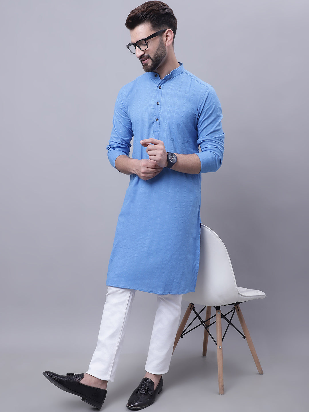 Even Apparels Blue Pure Cotton Kurta With Band Collar | Swadesiicart