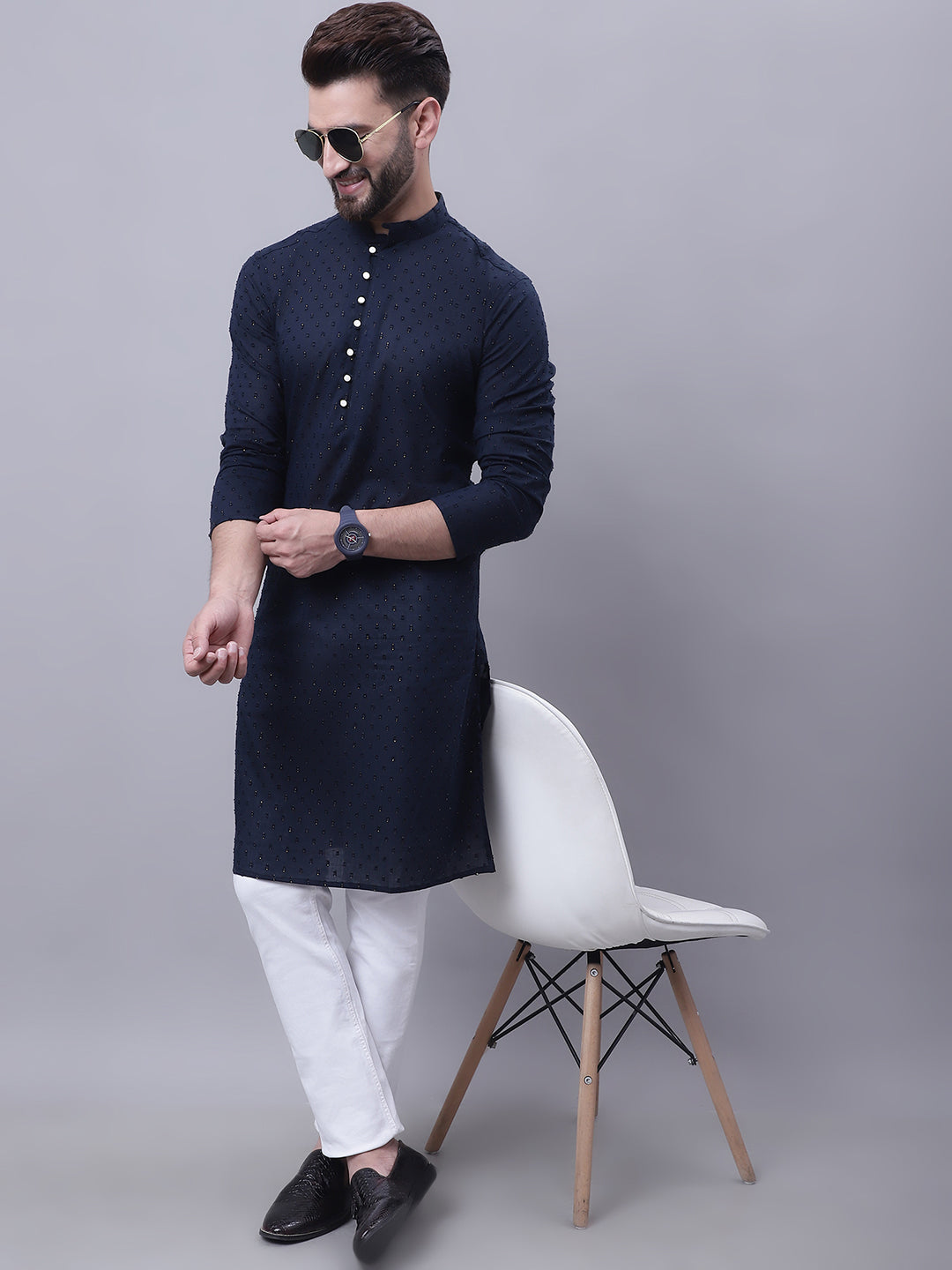 Even Apparels Blue Pure Cotton Kurta With Band Collar | Swadesiicart