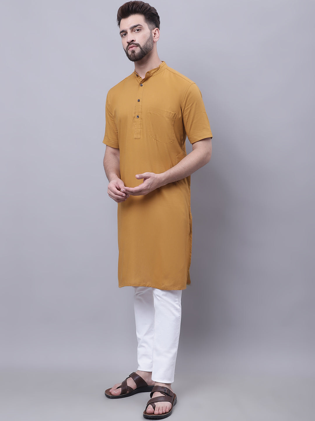 Even Apparels Mustard Pure Cotton Short Sleeves Kurta With Band Collar | Swadesiicart