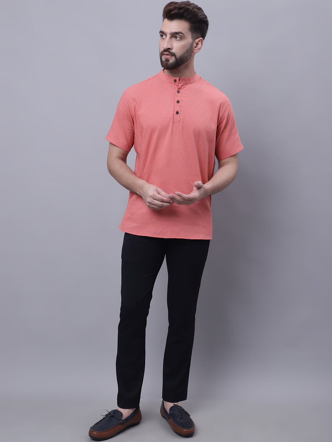 Even Apparels Peach Pure Cotton Short Sleeves Kurta With Band Collar | Swadesiicart