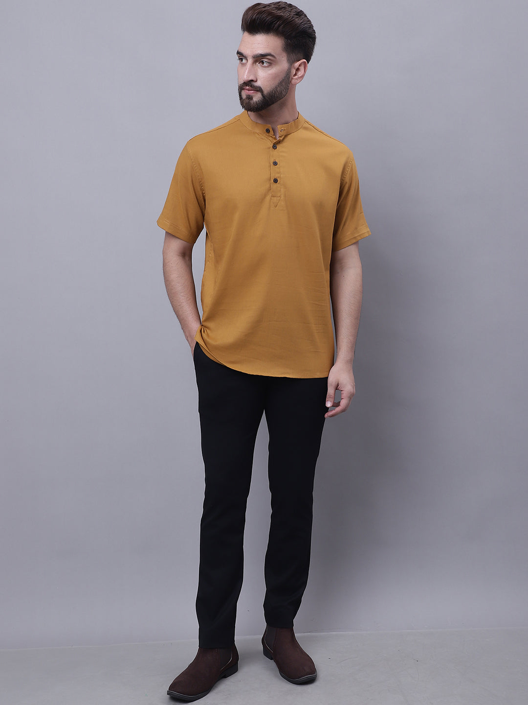 Even Apparels Brown Pure Cotton Short Kurta With Band Collar | Swadesiicart