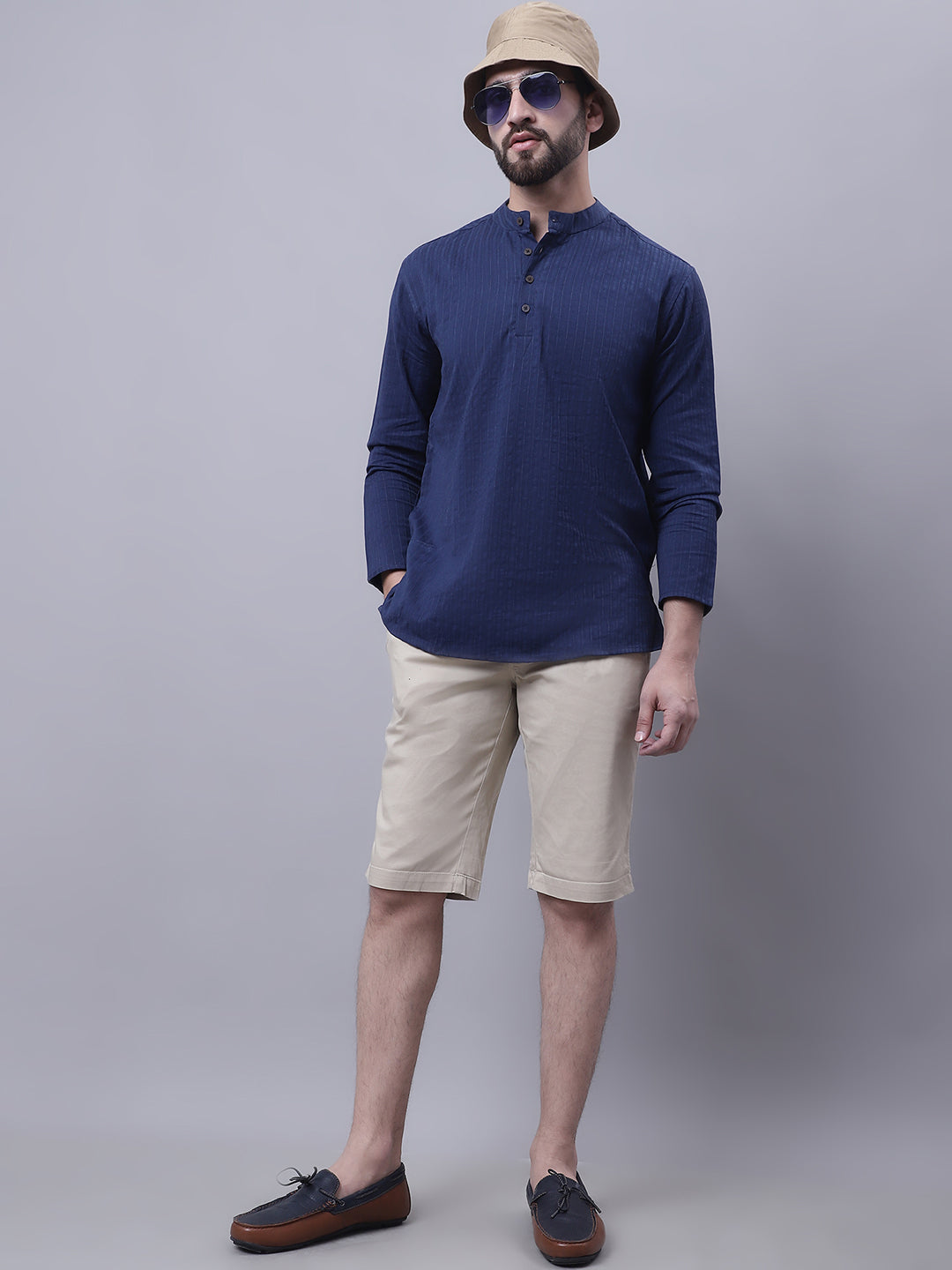 Even Apparels Blue Pure Cotton Short Kurta With Band Collar | Swadesiicart