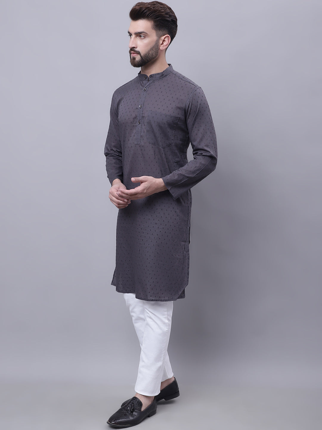 Even Apparels Grey Pure Cotton Kurta With Band Collar | Swadesiicart