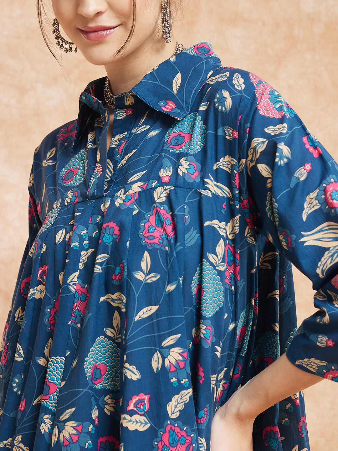 InWeave Women's Blue Pink Kalamkari Flared Dress - Swadesiicart