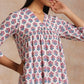 trueBrowns White With Pink Blue Floral Block Print Cotton Flared Slit Kurta Pant Set | Swadesiicart