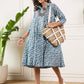 InWeave Aqua Blue Floral Grey Jaal Collar Flared Dress - Swadesiicart