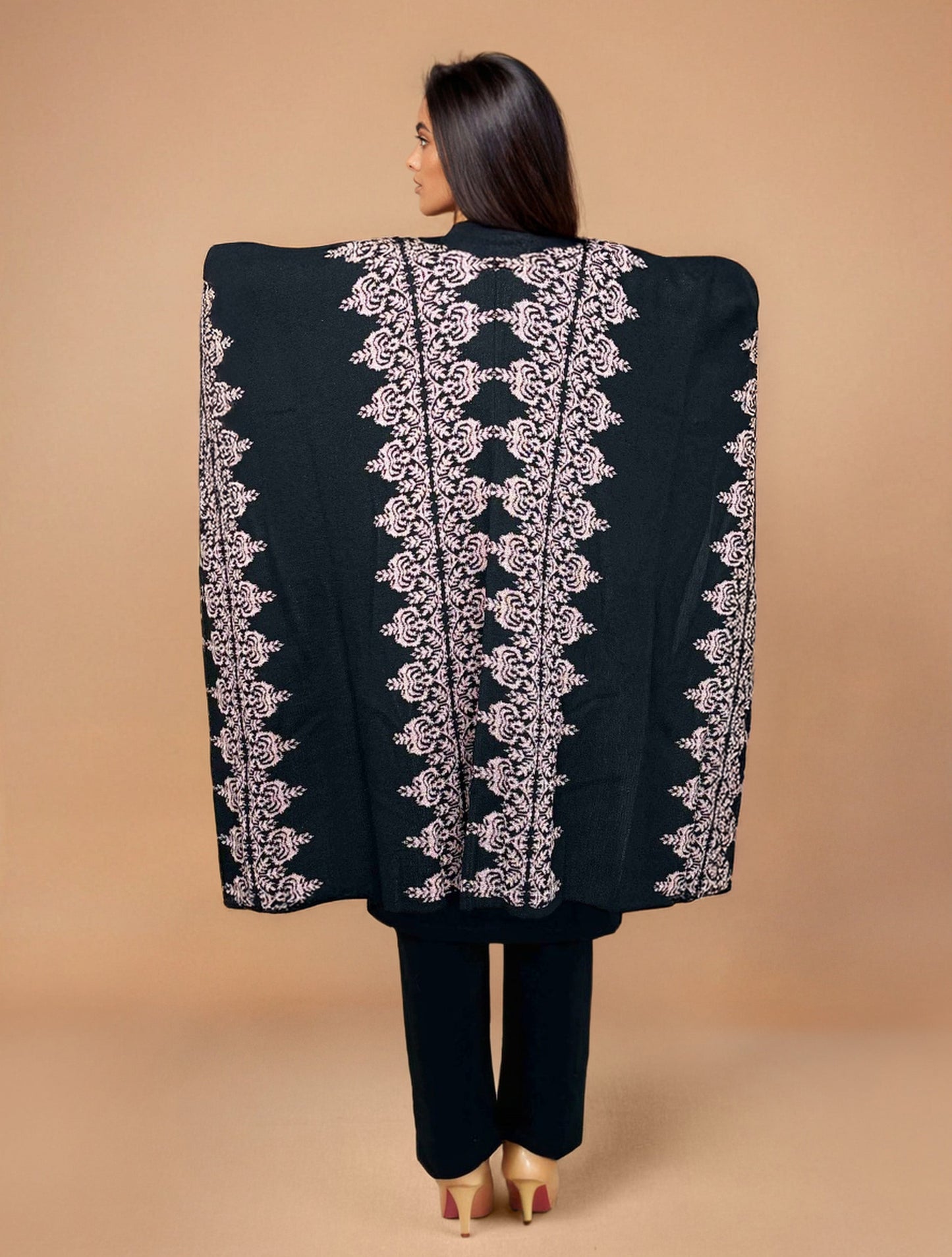 trueBrowns Black Woollen Pink Jacquard Kaftan Cape | Swadesiicart