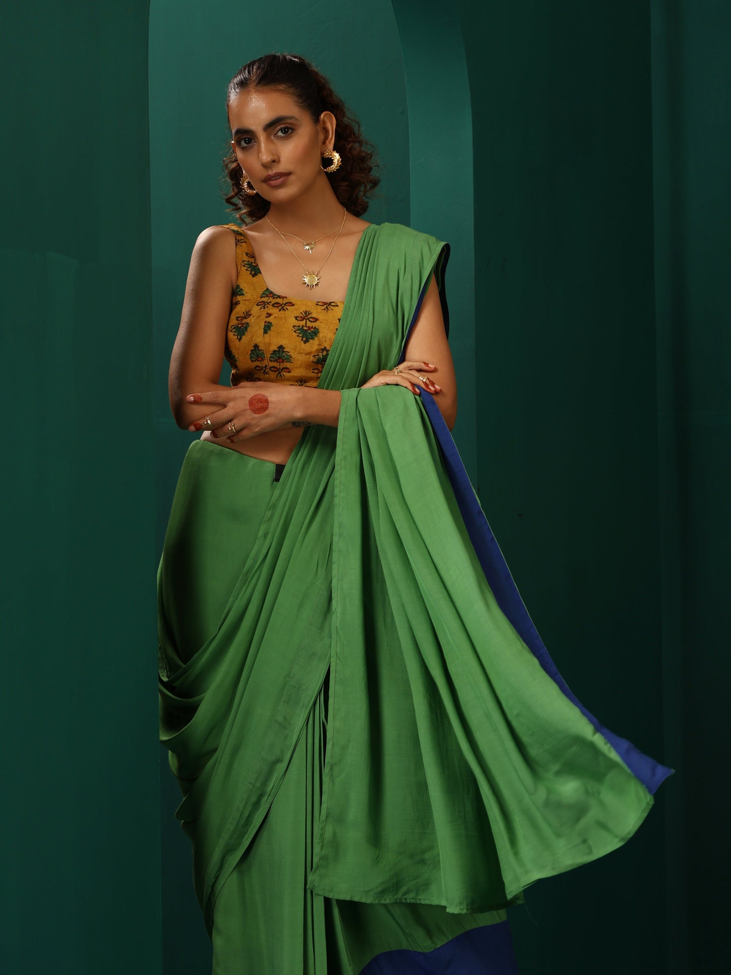 trueBrowns Mustard Muslin Silk Flower Stem Printed Scoop Neck Sleeveless Blouse | Swadesiicart