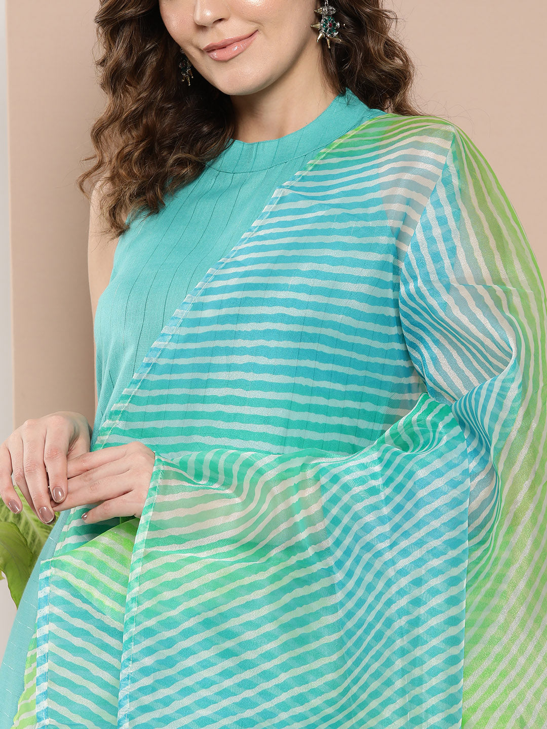 InWeave Women's Teal Lurex Boho Kurta Set With Aqua Leh Organza Dupatta - Swadesiicart