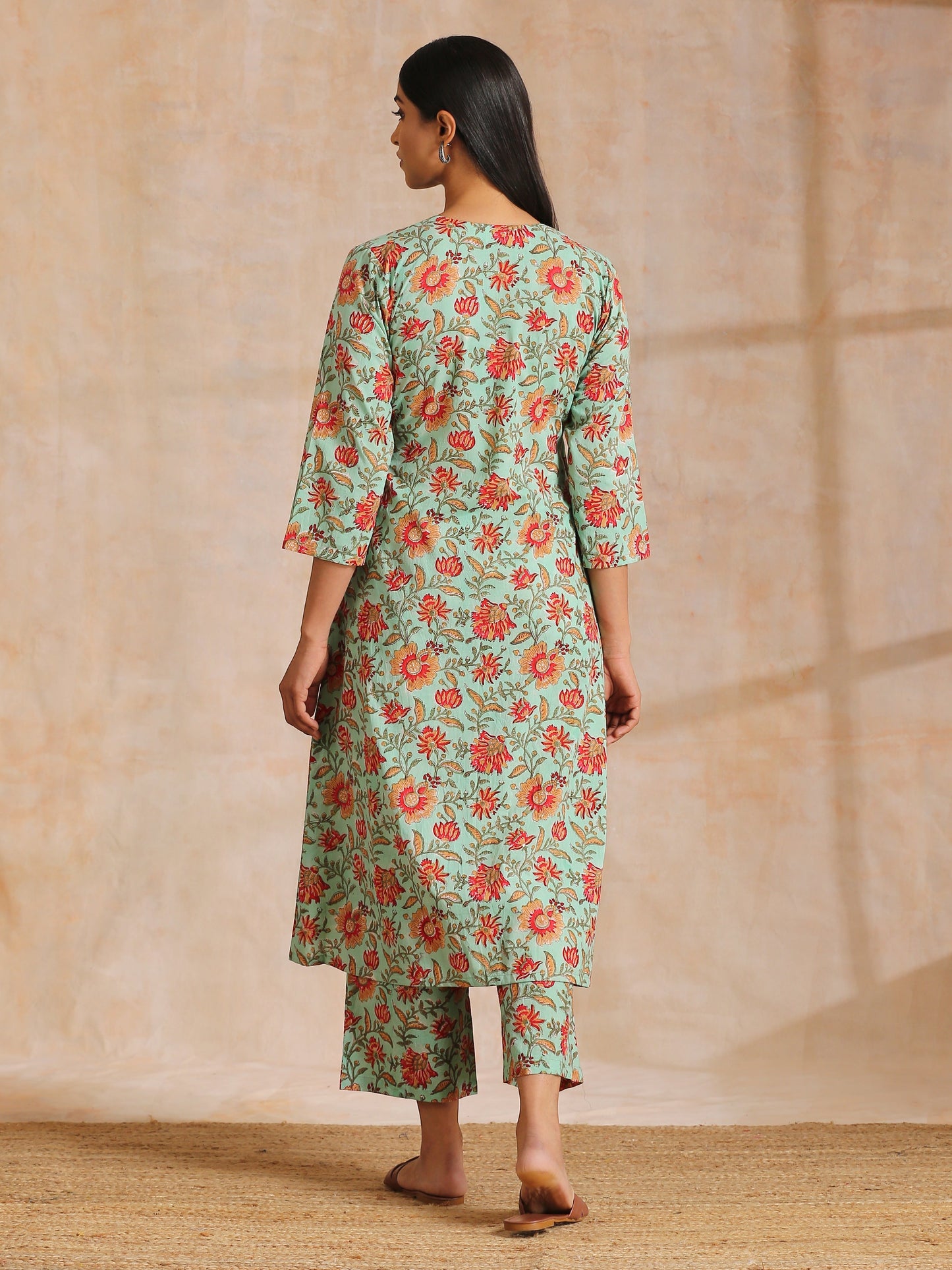 trueBrowns Seafoam Green Overall Floral Block Print Cotton Angrakha Pant Set | Swadesiicart