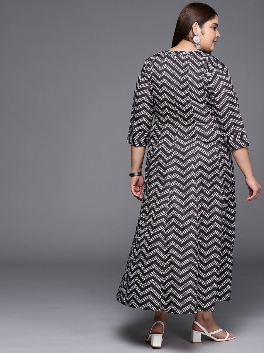 Ahalyaa Plus Size Chevron Print Crepe Mandarin Collar A-line Midi Ethnic Dress | Swadesiicart