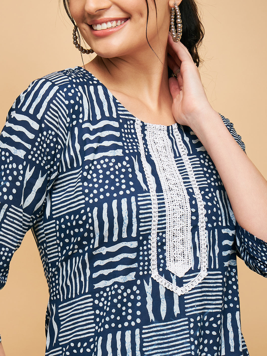 InWeave Women's Ankola Indigo With Tiles Hand Block Print Lace Straight Kurta - Swadesiicart