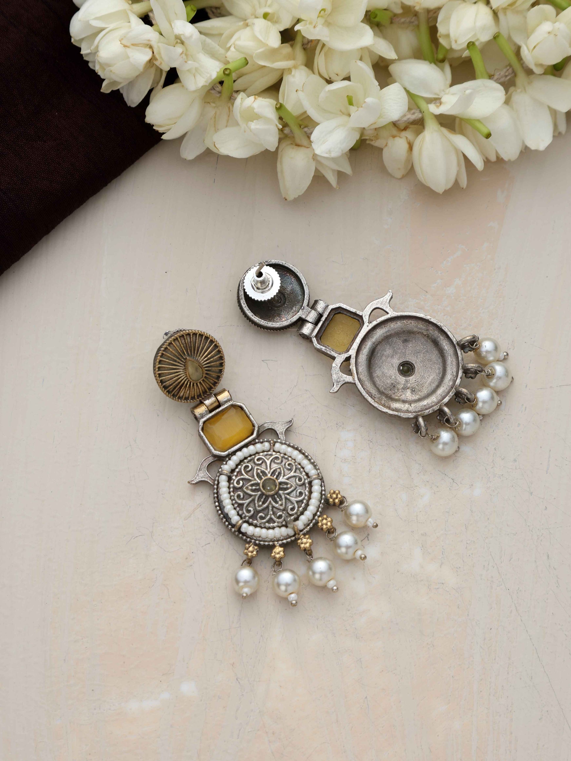 trueBrowns Silver Gold Tone Meenakari Pearl Drop Earrings - Swadesiicart