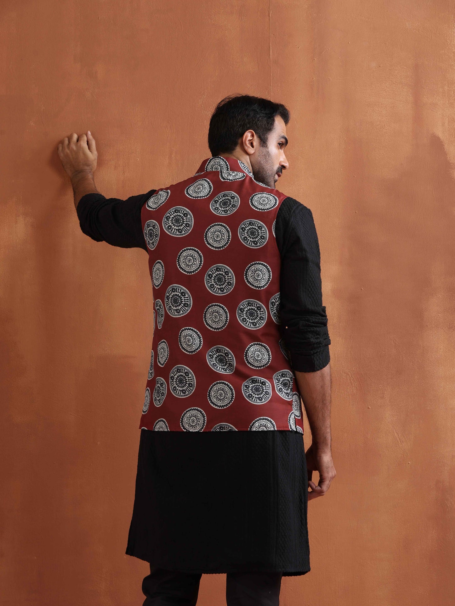 trueBrowns Men's Rust Printed Nehru Jacket | Swadesiicart