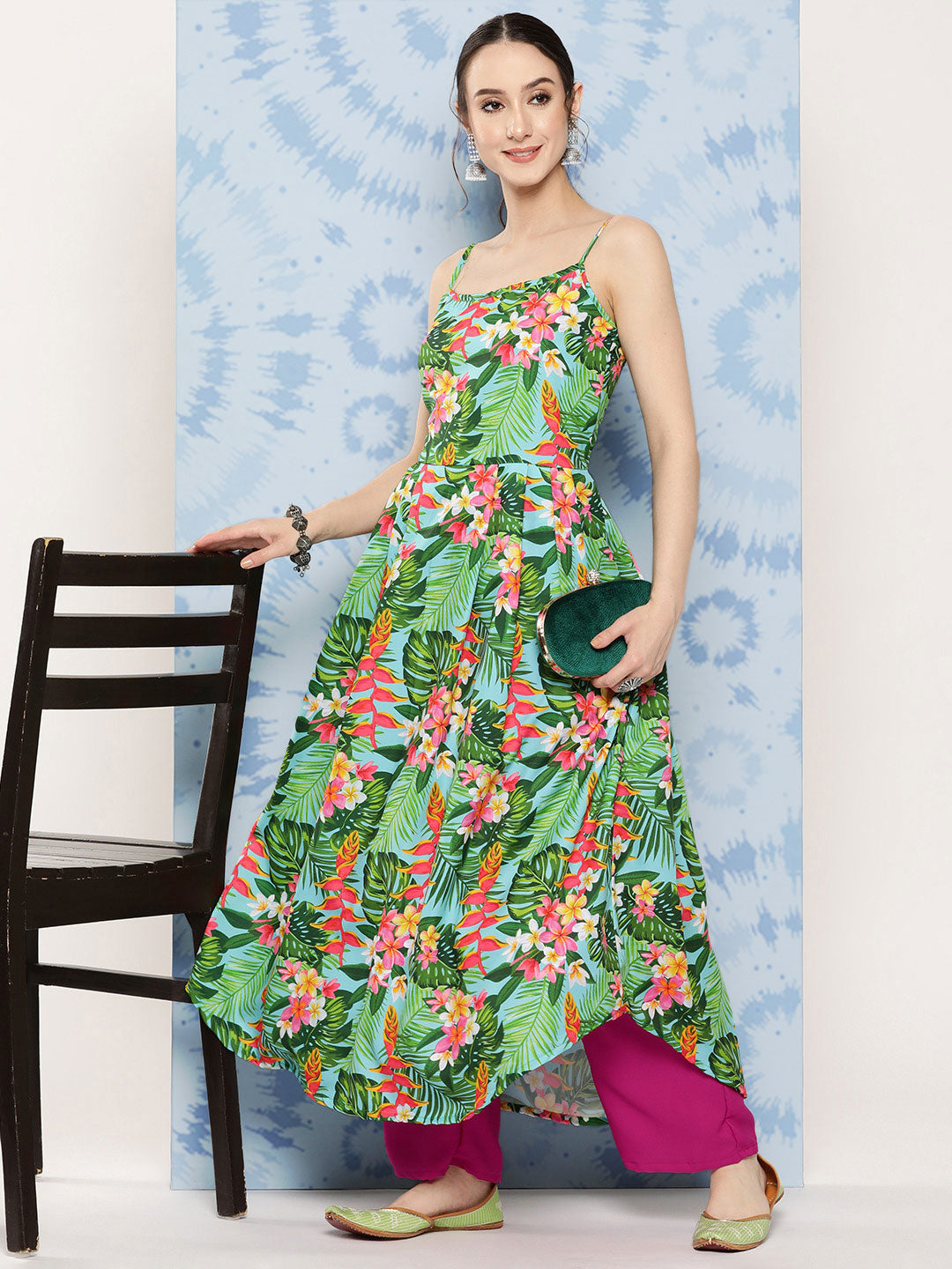 InWeave Women's Mint Green Leaf Japanese Art Strappy Set - Swadesiicart