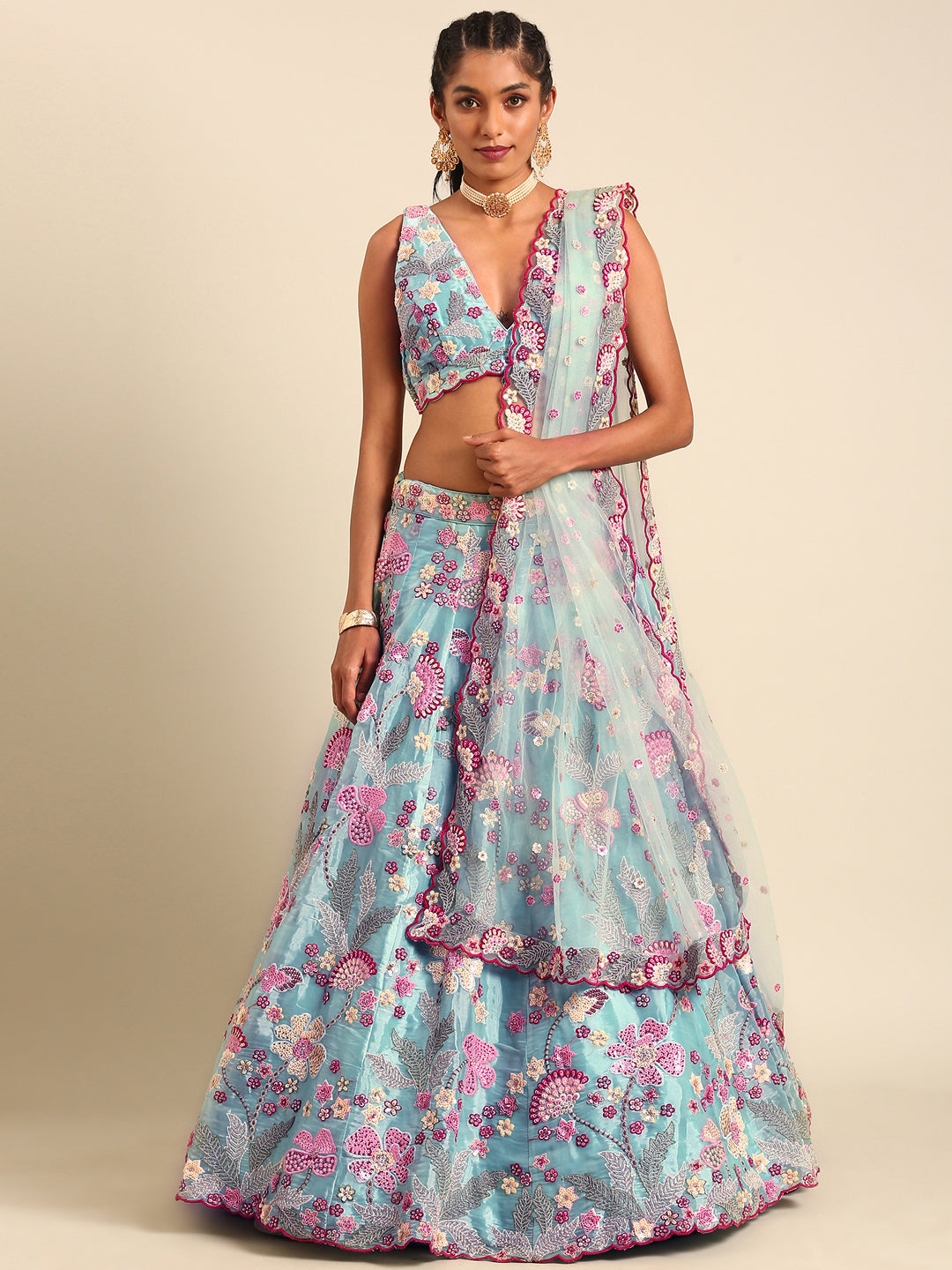 House of Panchhi Turquoise Blue Organza Sequins And Zarkan Embroidery Lehenga Choli & Dupatta | Swadesiicart