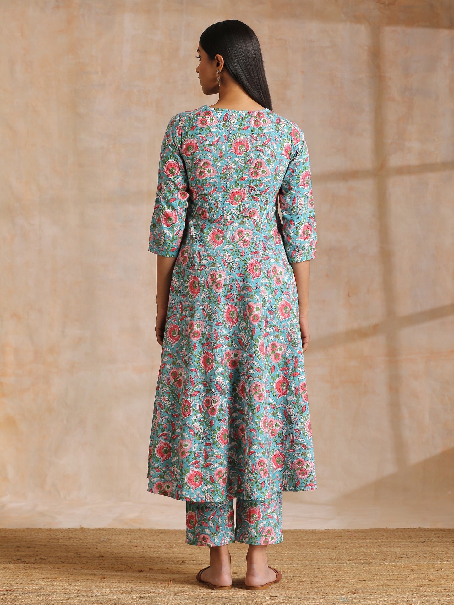 trueBrowns Turkish Blue Overall Floral Block Print Cotton Flared Kurta Pant Set | Swadesiicart