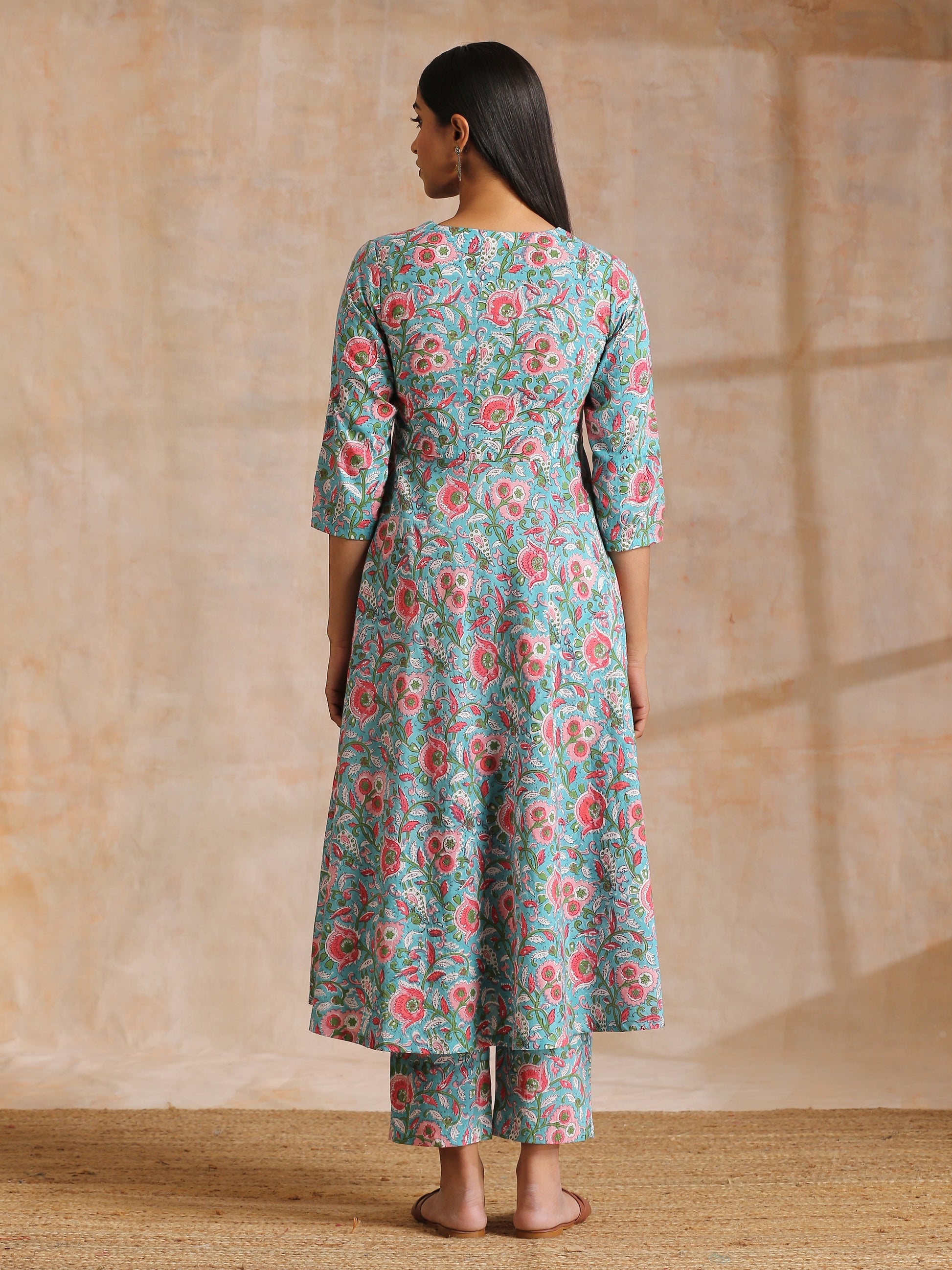trueBrowns Turkish Blue Overall Floral Block Print Cotton Flared Kurta Pant Set | Swadesiicart