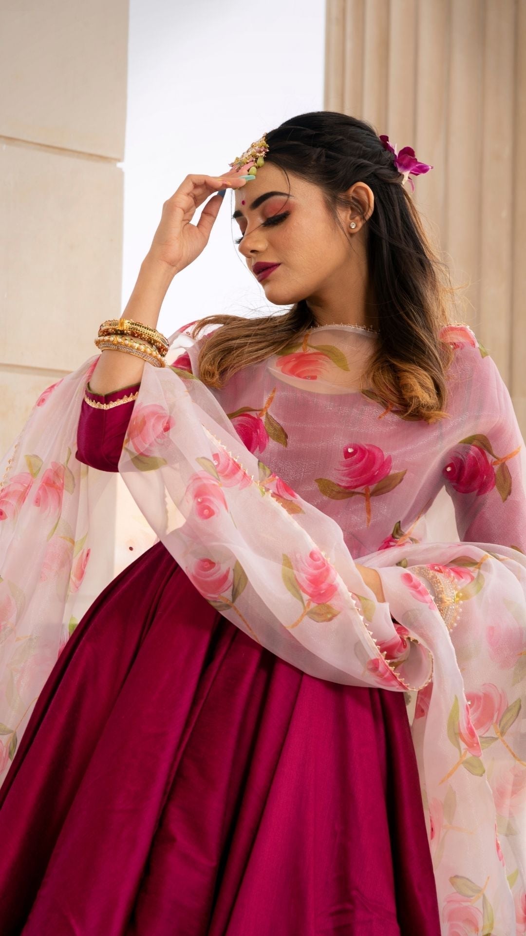 Pomcha Jaipur Magenta Lilly Anarkali Set | Swadesiicart