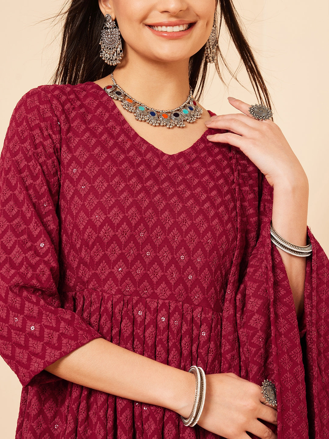 InWeave Women's Maroon Chikankari Long Anarkali Kurta Palazzo Set W Dupatta - Swadesiicart