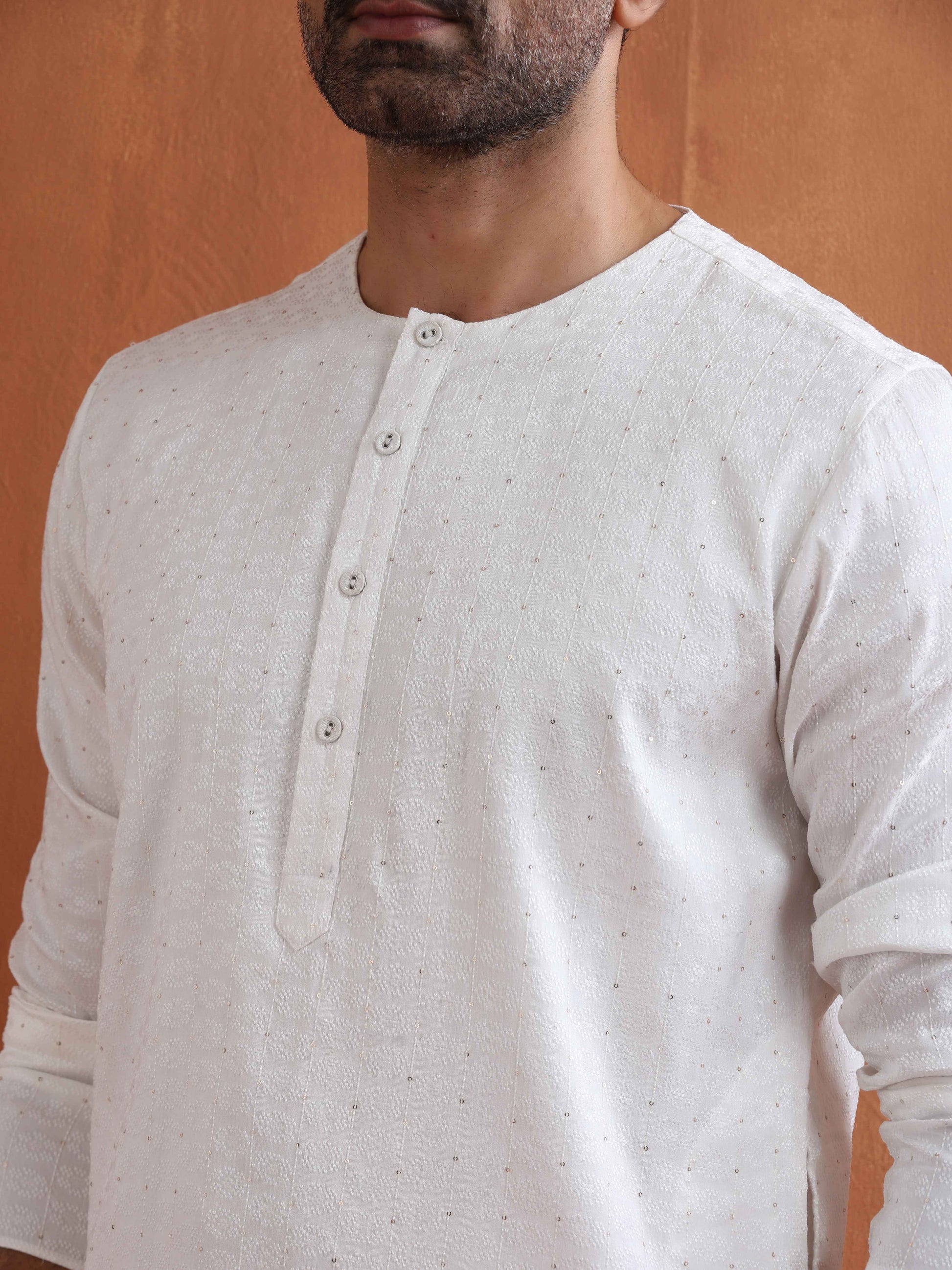 trueBrowns Men's Ivory Sequin Chanderi Kurta | Swadesiicart