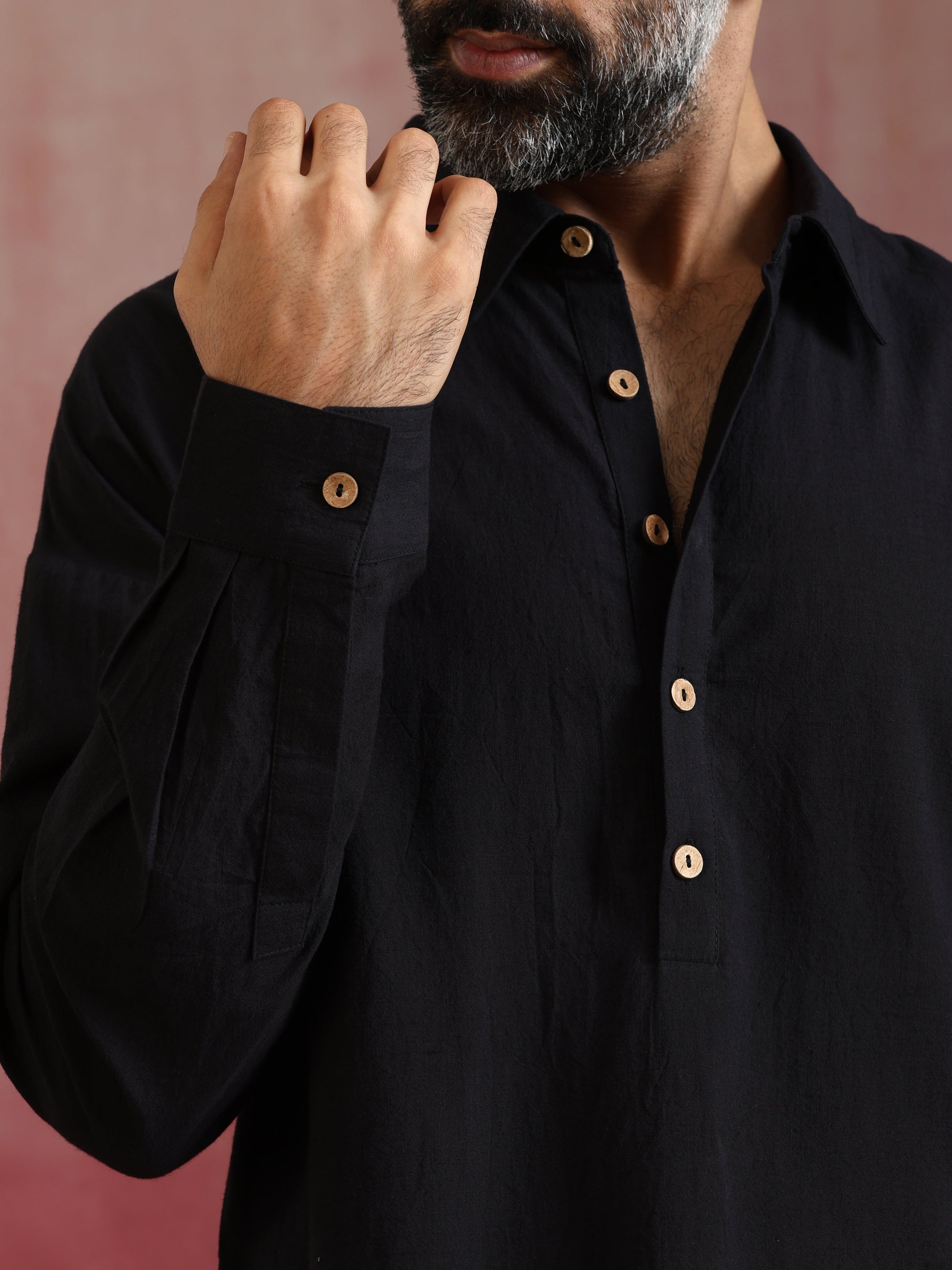 trueBrowns Men's Black Cotton Shirt Collar Stylized Kurta Co-ord set - Swadesiicart