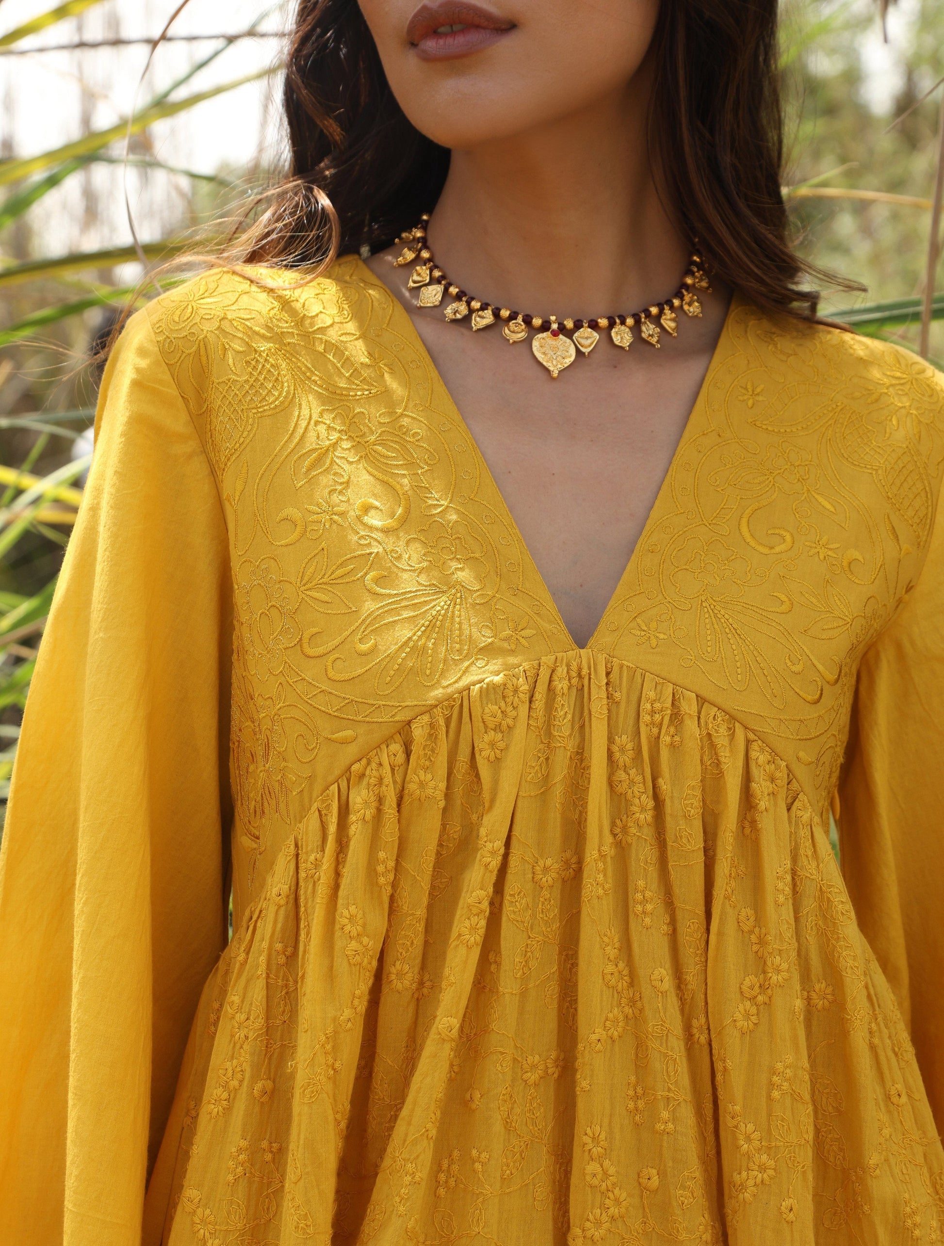 trueBrowns Mustard Cotton Embroidered Flared Kurta Set | Swadesiicart