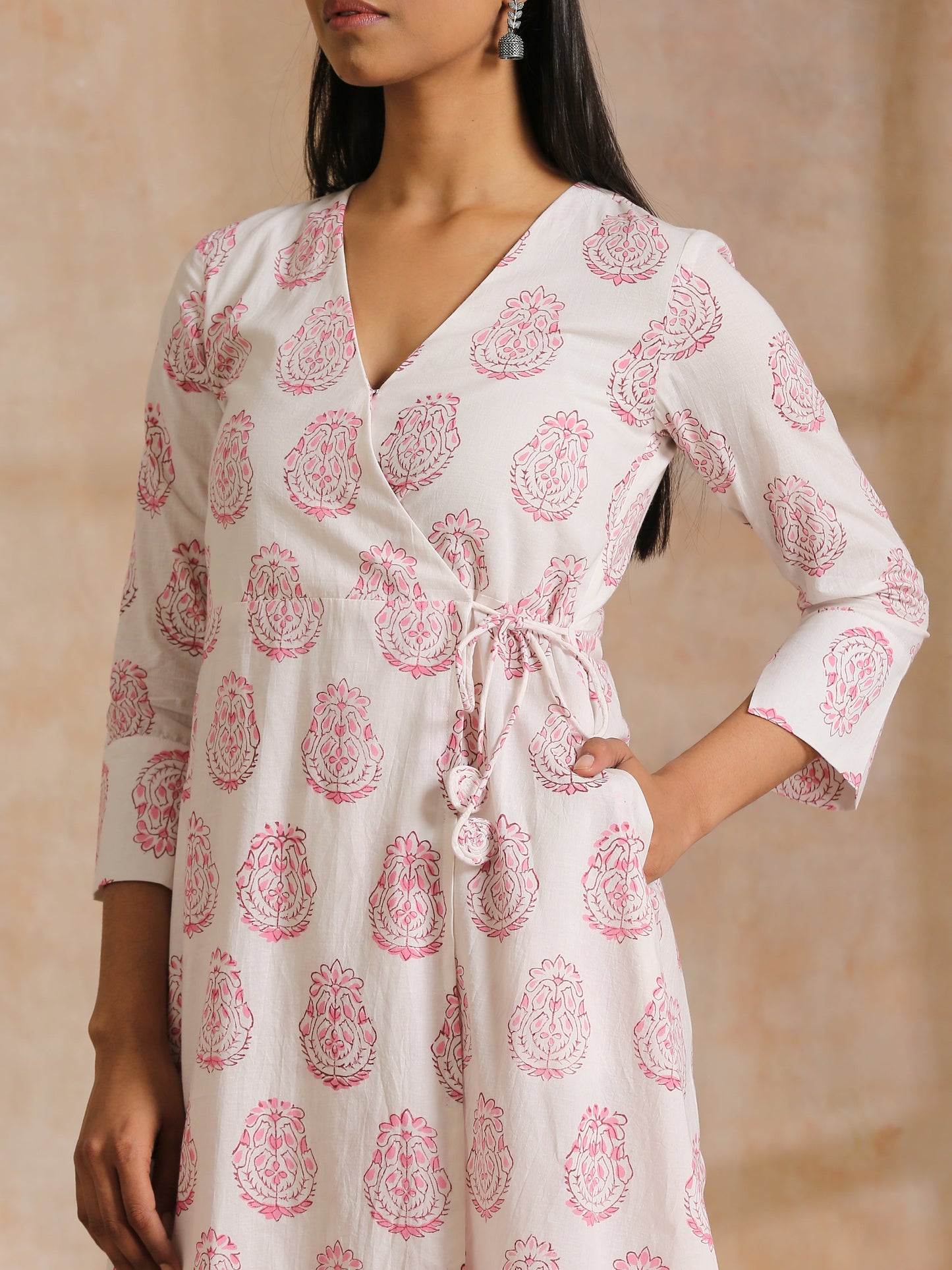 trueBrowns Pink Big Buta On White Print Cotton Angrakha Kurta Pant Set | Swadesiicart