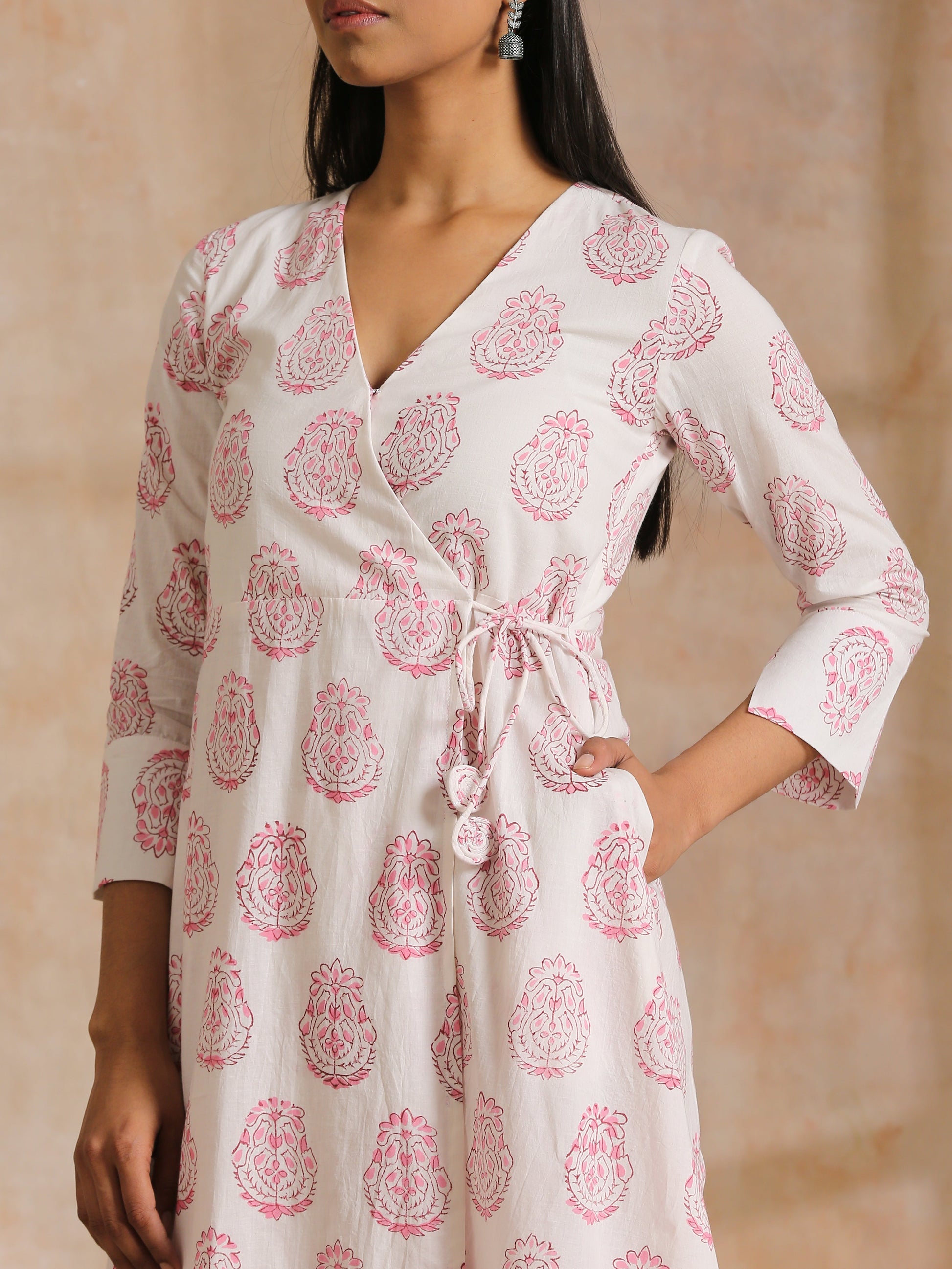 trueBrowns Pink Big Buta On White Print Cotton Angrakha Kurta Pant Set | Swadesiicart
