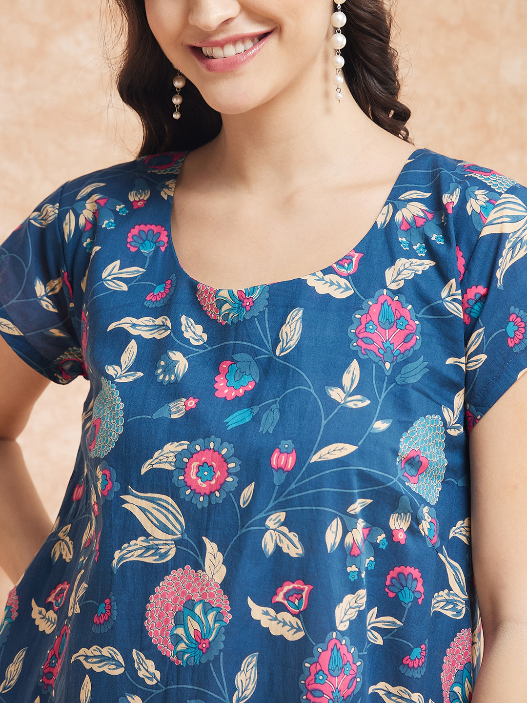 InWeave Women's Blue Pink Kalamkari A Line Dress - Swadesiicart