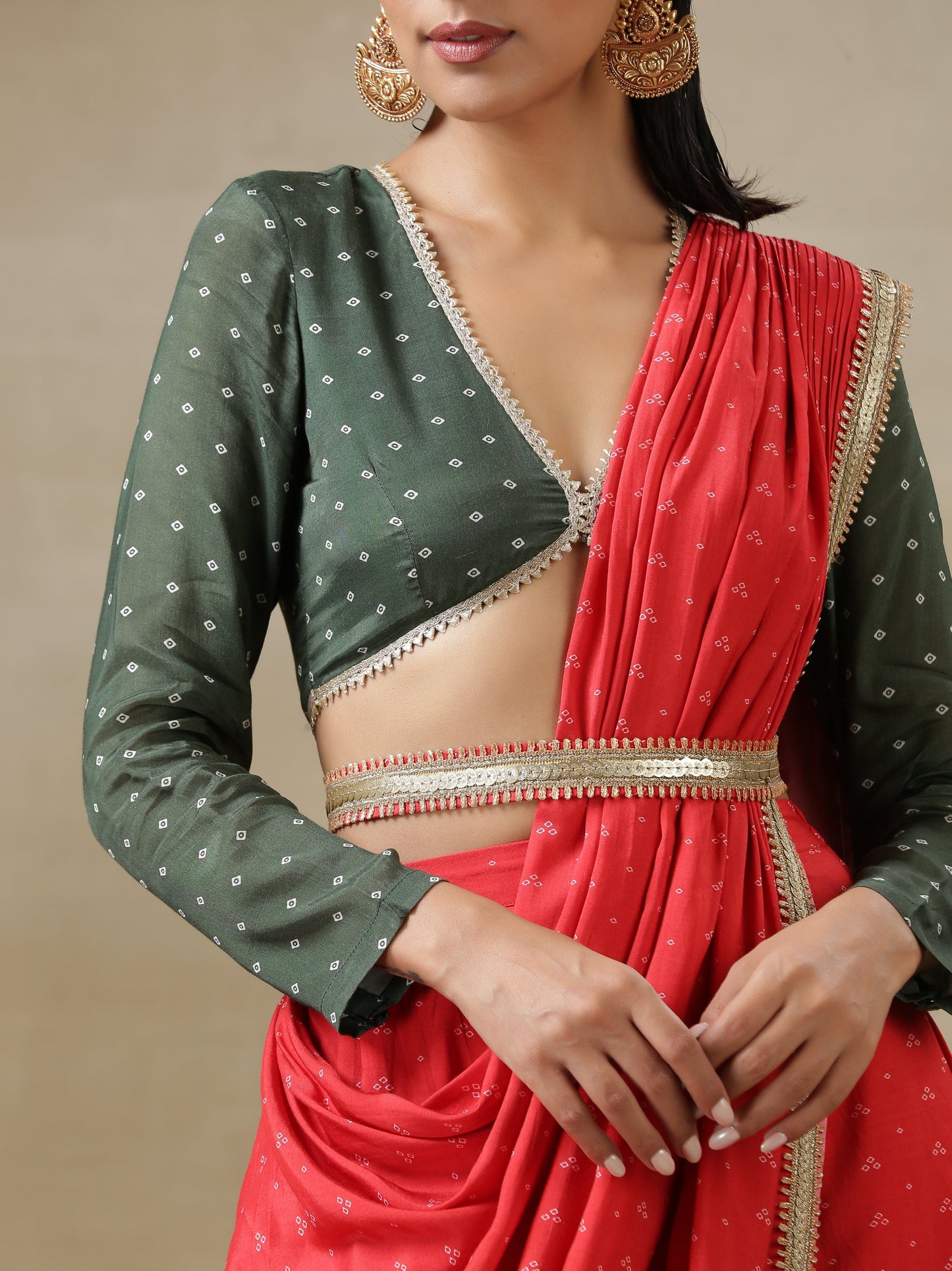 trueBrowns Red Bandhani Printed Silk Skirt Stitched Saree with Belt | Swadesiicart
