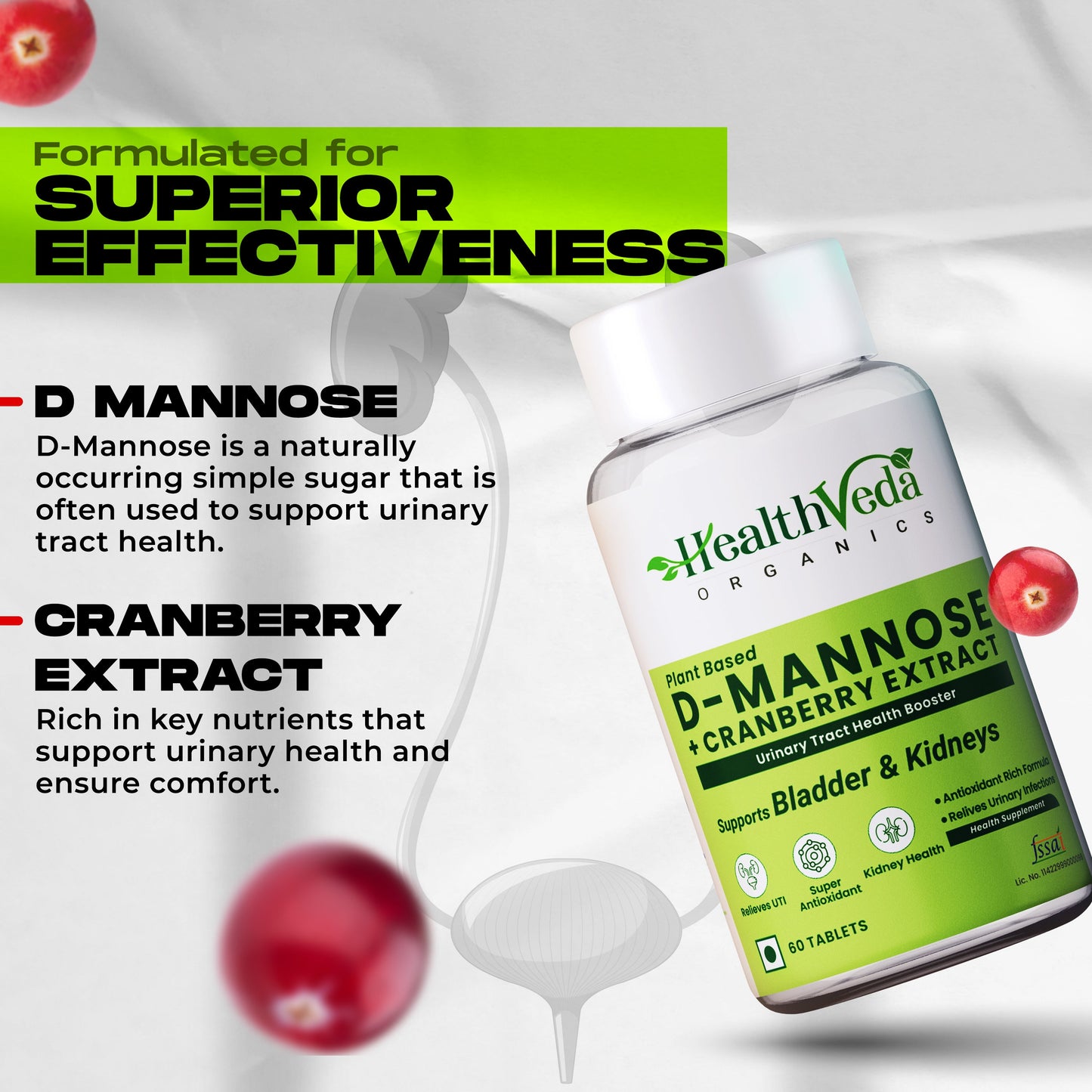 Health Veda Organics D-Mannose + Cranberry Extract Tablets - Swadesiicart