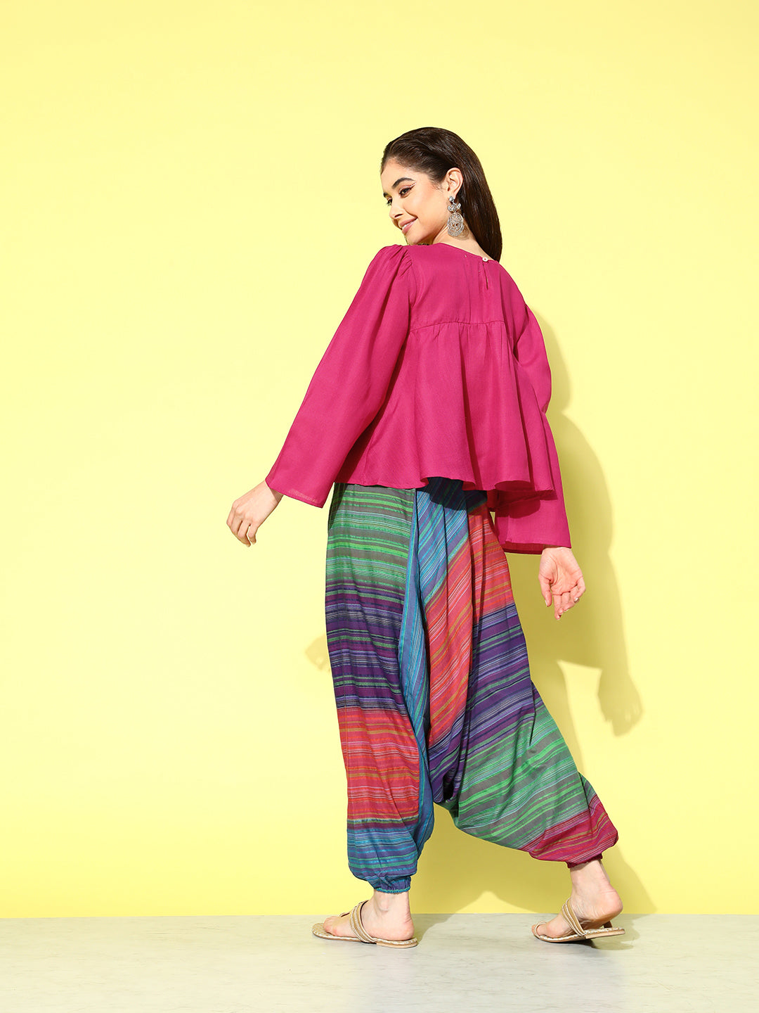 InWeave Women's Magenta Top With Multi Clr Harem Set - Swadesiicart