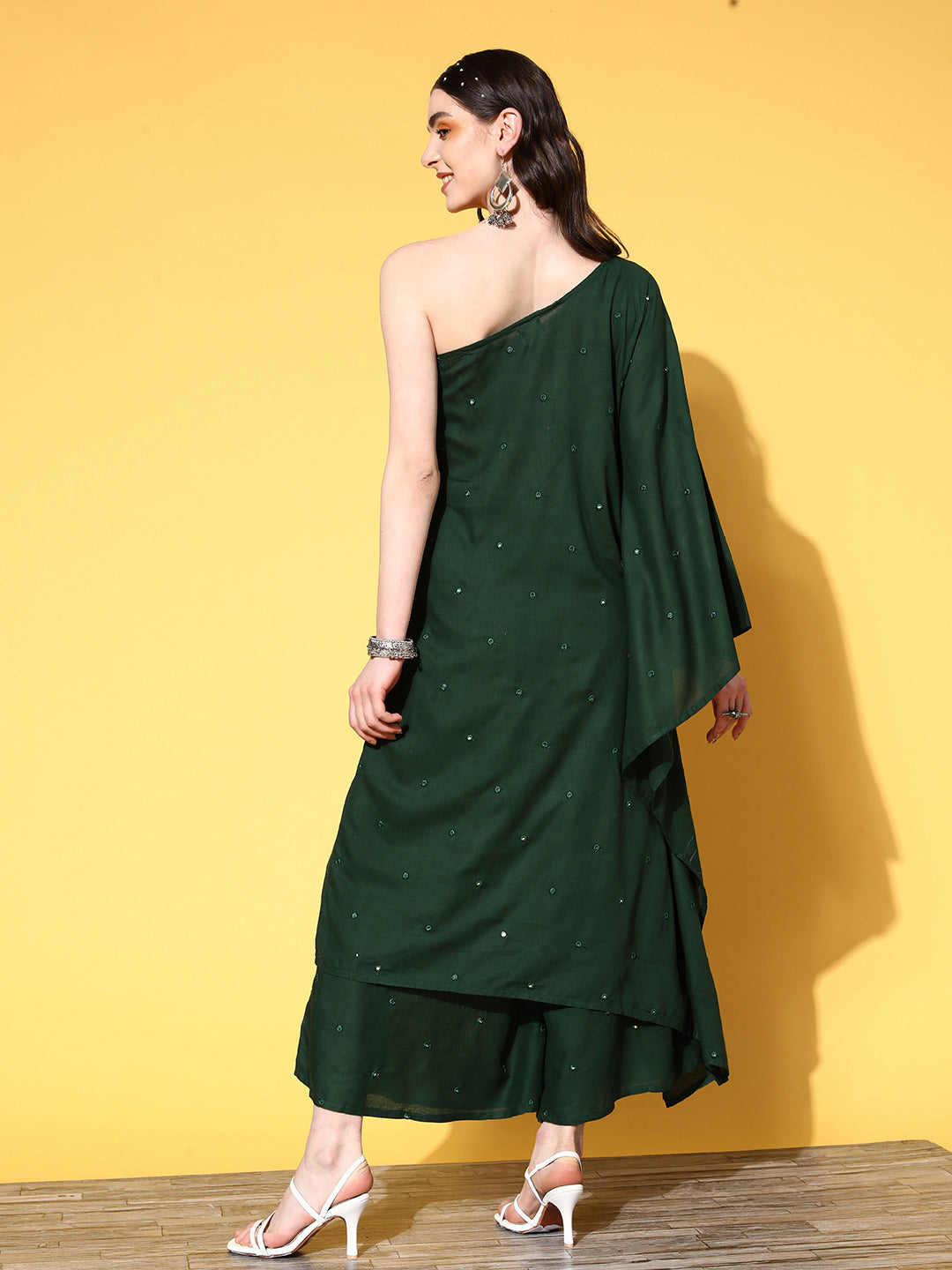 InWeave Women's Green Mirror Work One Shoulder Kurta Set - Swadesiicart