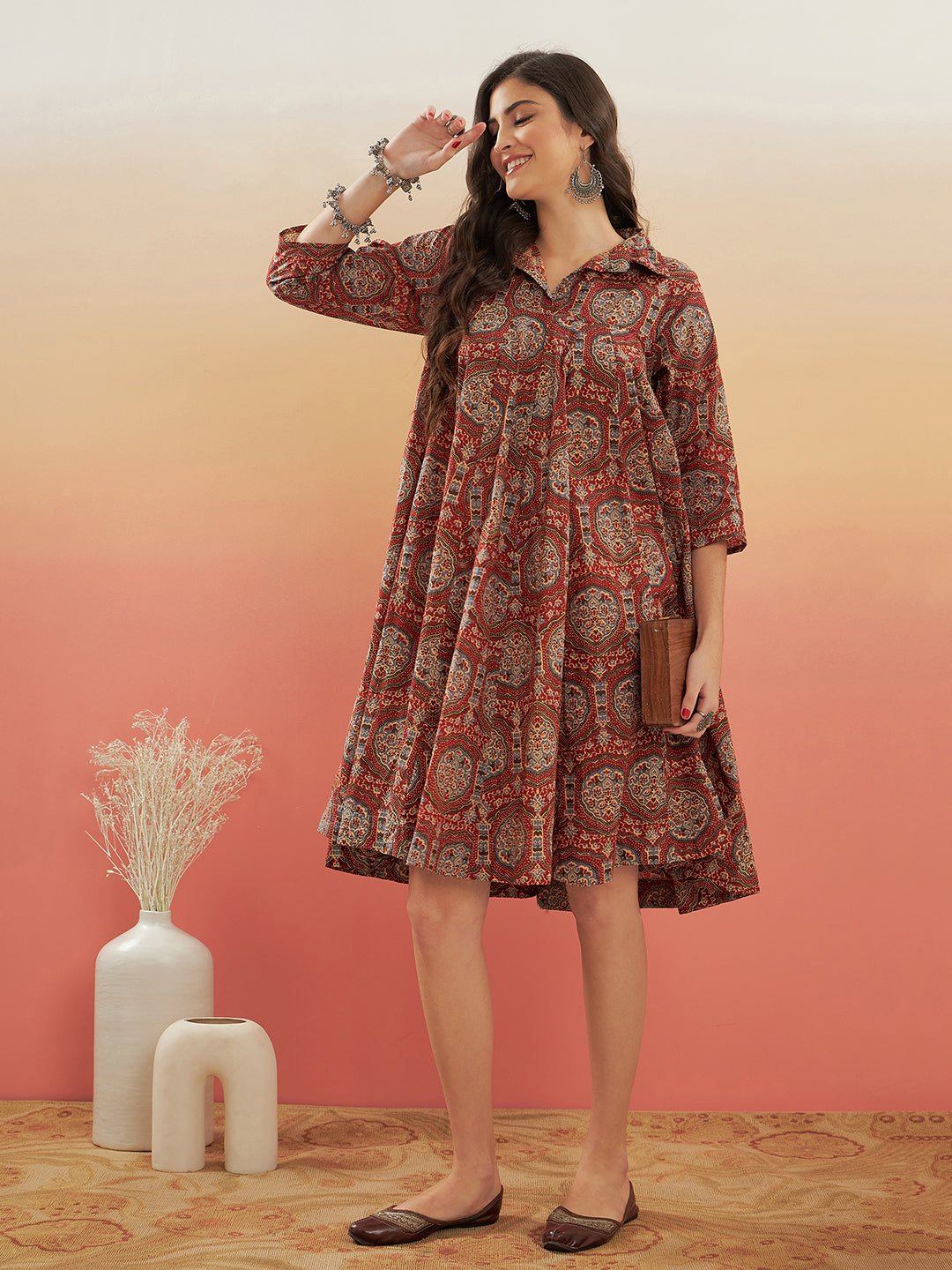 InWeave Women's Maroon Mughal Kalamkari Flared Dress - Swadesiicart