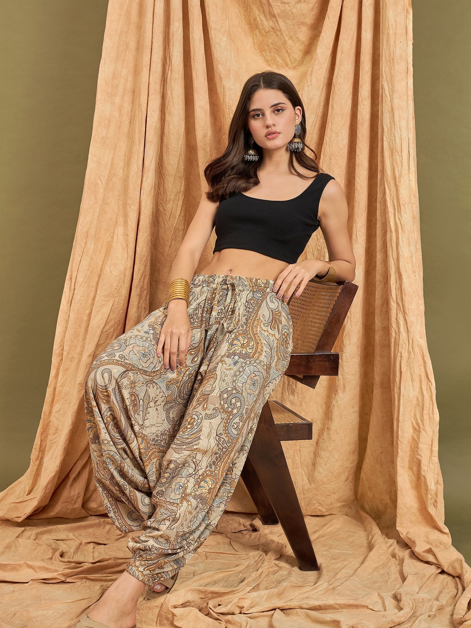 InWeave Beige Paisley Flower Harem Pant - Swadesiicart