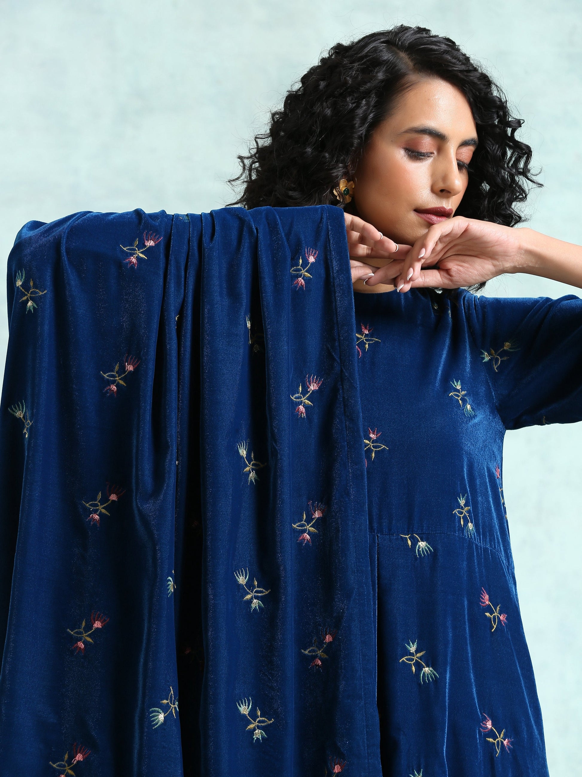 trueBrowns Blue Embroidered Velvet Shawl | Swadesiicart