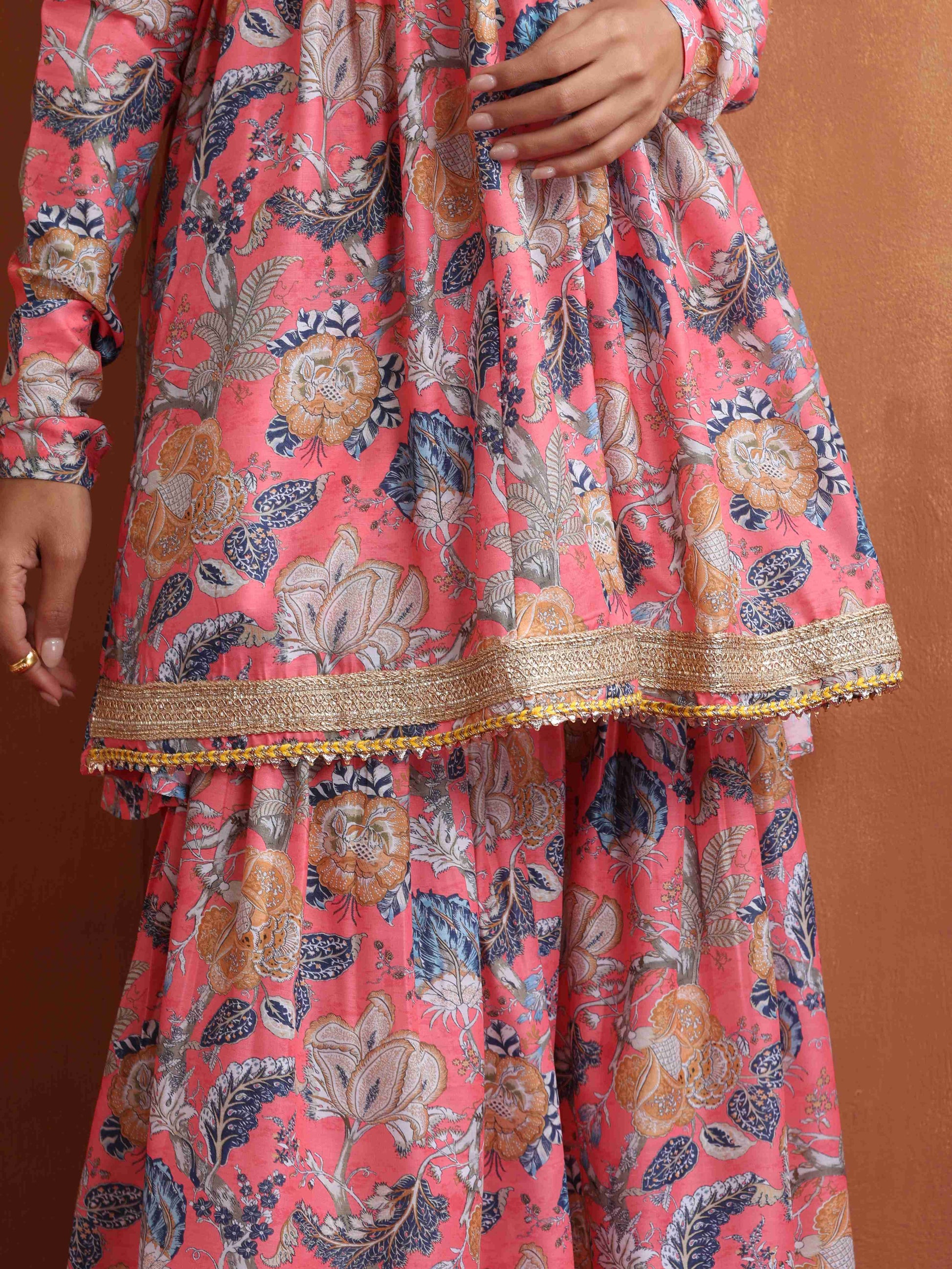 trueBrowns Orange Print Sharara Set | Swadesiicart